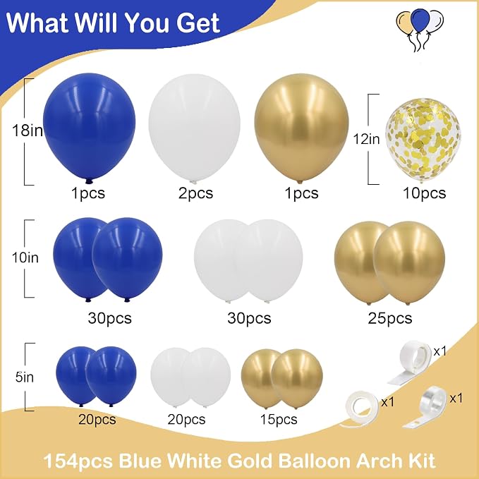 Blue and Gold Balloons Garland Arch Kit 154pcs Royal Blue White Metallic Gold and Confetti for Graduation Birthday Wedding Party Decorations