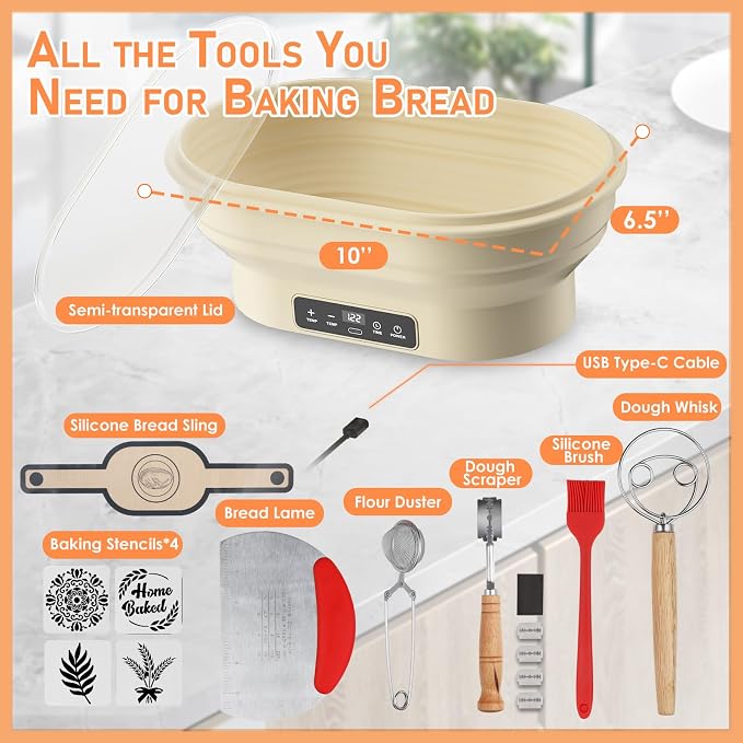 Banneton Bread Proofing Basket Set, 10" Oval Bread Baking Supplies, Silicone Foldable Sourdough Starter Warmer, Precise Thermostat Control 77-122°F. 6H Timer, Starter Baking Kit Gift