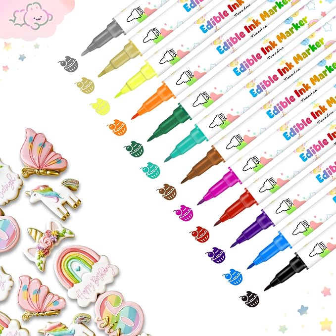 Food Coloring Marker Pens,12Pcs Dual Sided Food Grade and Edible Markers with Fine&Thick Tip,Edible Pen Gourmet Writers for Decorating Cake,Cookies,Fondant,Frosting,Easter Eggs,Painting,Drawing,Baking( For 12+ Year Old)
