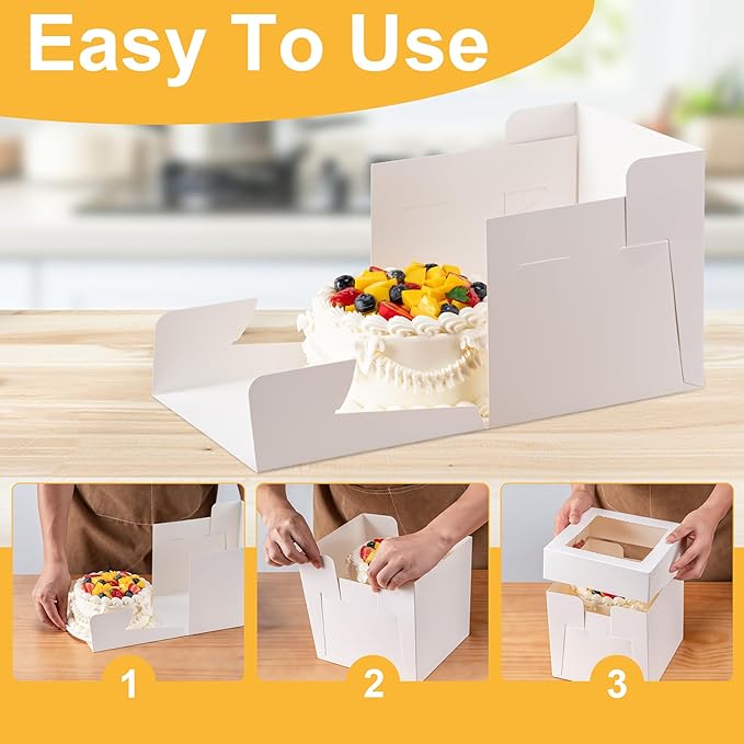 10 Pack Cake Boxes 12 Inch, 12x12x8 Inches Tall Cake Large Box, Disposable Cakes Transport Containers with Lids, Bakery Boxes with Large Window,for Cookies Pies Cupcakes Pastry-Wedding, Birthday,Party