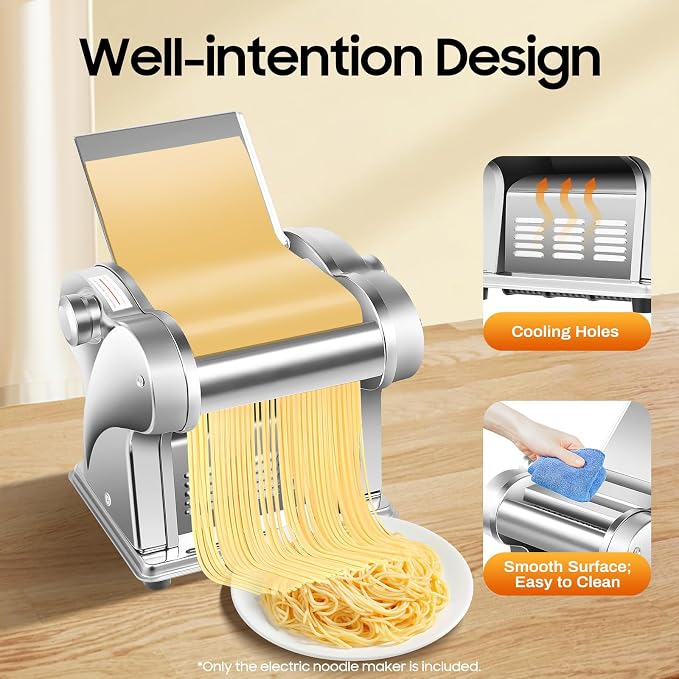 135W Electric Pasta Maker Machine Stainless Steel Dough Sheeter with 8 Thickness Settings, 2 Noodle Cutters for Flat Pasta, Automatic Noodle Press for Home & Commercial Use (110V)