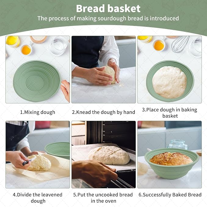 2Pcs Silicone Banneton Bread Proofing Baskets, 10" Oval & 9" Round Foldable Non-Stick Dough Proofing Bowl Containers-BPA Free, Optimum Sourdough Bread Baking Supplies (Green)