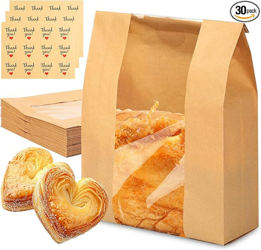 30 Pcs Bread Bags for Homemade Bread, 13.7 x 8.3 x 3.5 Inch Large Sourdough Kraft Paper Bakery Bags with Clear Window, Includes 30 Sealing Stickers for Storing Loaves & Snacks