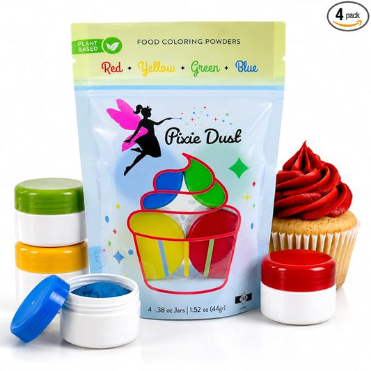 Dye-Free Food Coloring Powder set - Red, Blue, Green and Yellow. | Perfect for cake decorating, cookie frosting, icing & drinks | Plant-Based, All-Natural, Kosher, Flavorless | No Carmine, No Annatto, No Propylene Glycol | By PIXIE DUST | Large .35 oz ...