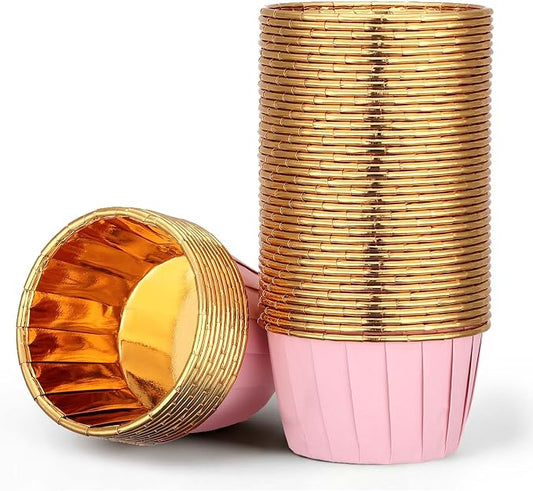 EUSOAR Cupcake Liners, 50pcs 3.5oz Aluminum Foil Wrappers Muffin Cupcake Containers, Disposable Dessert Ramekins Paper Baking Cups Mini Cheesecakes Holders for Birthday Wedding Party-Pink/Gold