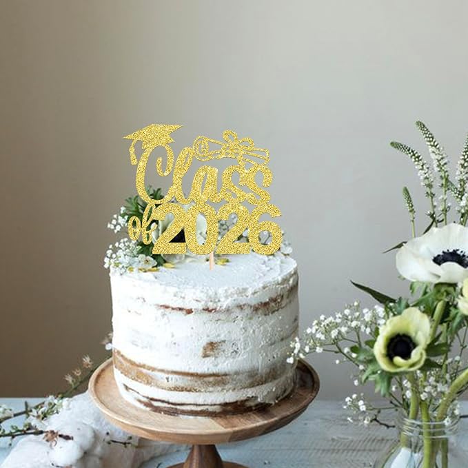 1 Pack Class of 2026 Cake Topper Glitter Congrats 2026 Graduation Cake Pick for Graduation Grad 2026 Theme Boys Girls Graduate Party Cake Decorations Supplies Gold