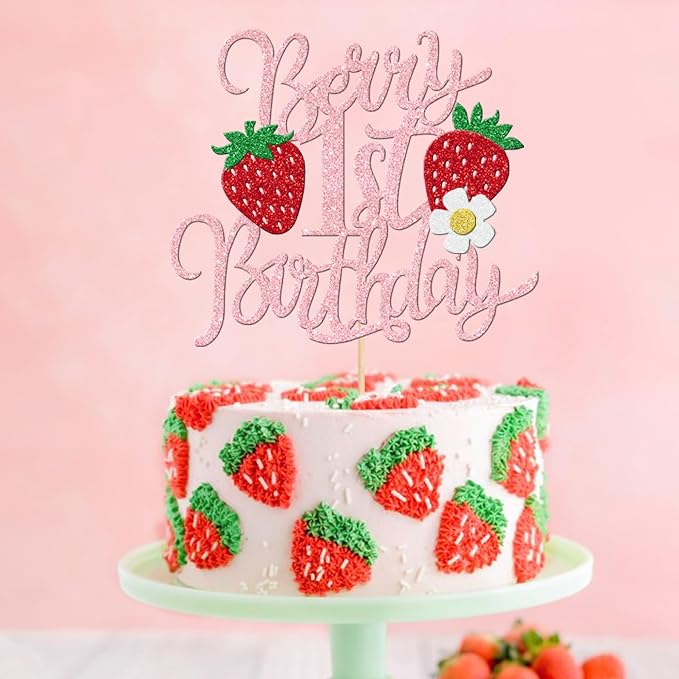 1 PCS Berry 1st Birthday Cake Topper Glitter Sweet Fruit Theme Flower First Birthday Strawberry One Cake Pick for Strawberry Theme Baby Shower 1st Birthday Party Cake Decorations Supplies Pink
