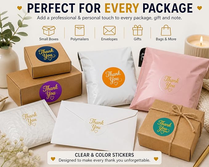 1000 Thank You Stickers Roll, 1 Inch Round Thank You Labels, Bulk Thank You Stickers for Small Business Packaging, Boxes, Bags, Envelopes & Party Favors, 2 Rolls of 500, Multicolor & Clear