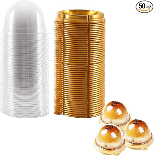 Hewnda 50 Pack 2 Inch Clear plastic mini cake box muffins box cookies cookies muffins dome box wedding birthday gift box(Gold)