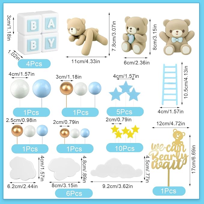 Yinder Bear Cake Toppers Mini Bear Cake Decorations Cake Toppers Gold White Pearl Ball for Birthday Party Decorations(Blue, Brown,Cute Style)