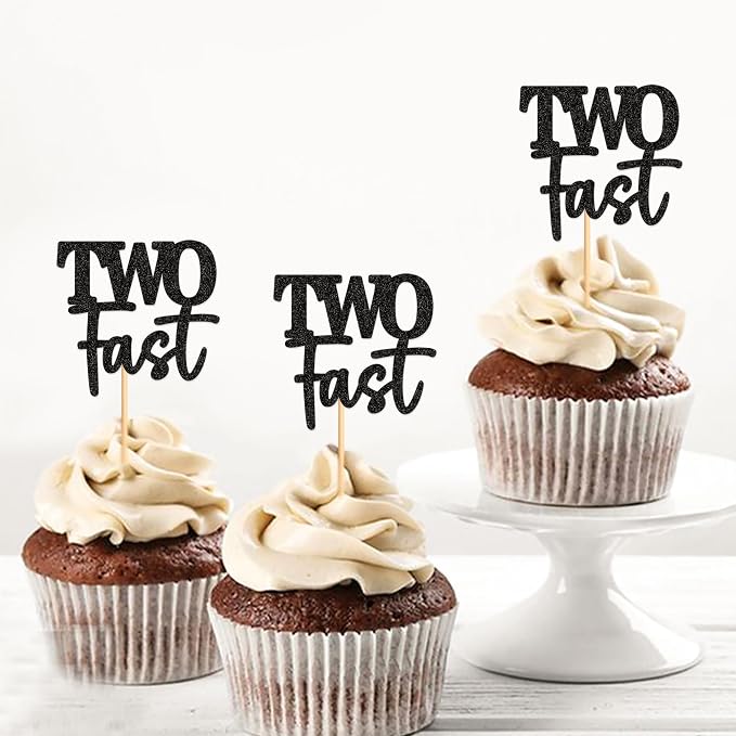 Ercadio 24 Pack Two Fast Cupcake Toppers Glitter Black Two Fast Cupcake Picks Racing Car Cake Topper Baby Shower Race Car 2nd Birthday Party Cake Decors Supplies