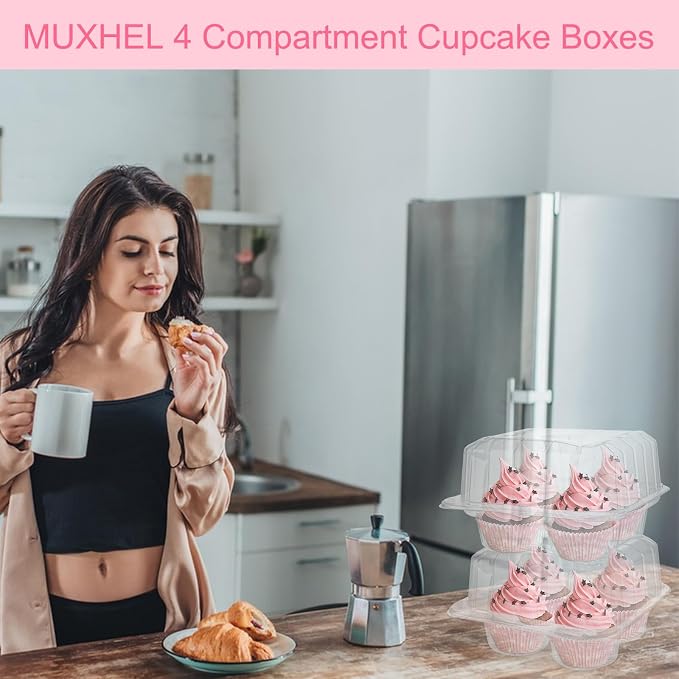 50 Pcs Cupcake Boxes 4 Count, Clear Plastic Cupcake Container Stackable, Deep Cupcake Carrier Holder Box for Carrying Cupcakes