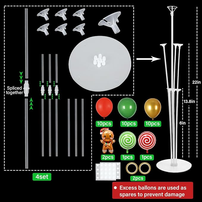 4 Sets Christmas Party Balloons Stand Kit with Gingerbread Man Candy Foil Balloons Party Balloon Centerpiece for Tables for Xmas Holiday Birthday Party Christmas Themed Decorations