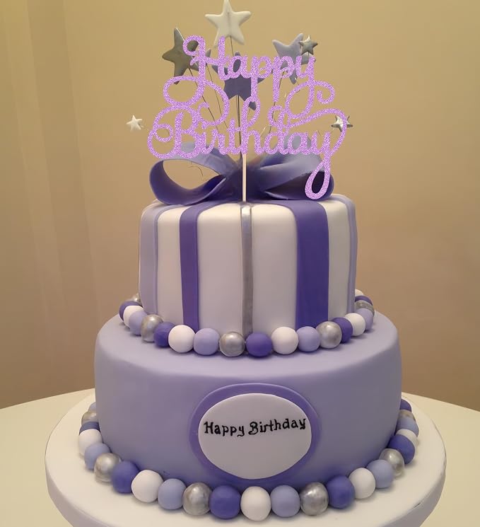 Happy Birthday Cake Topper - Purple Glitter Birthday Party Cake Decoration Supplies, Photo Booth Props