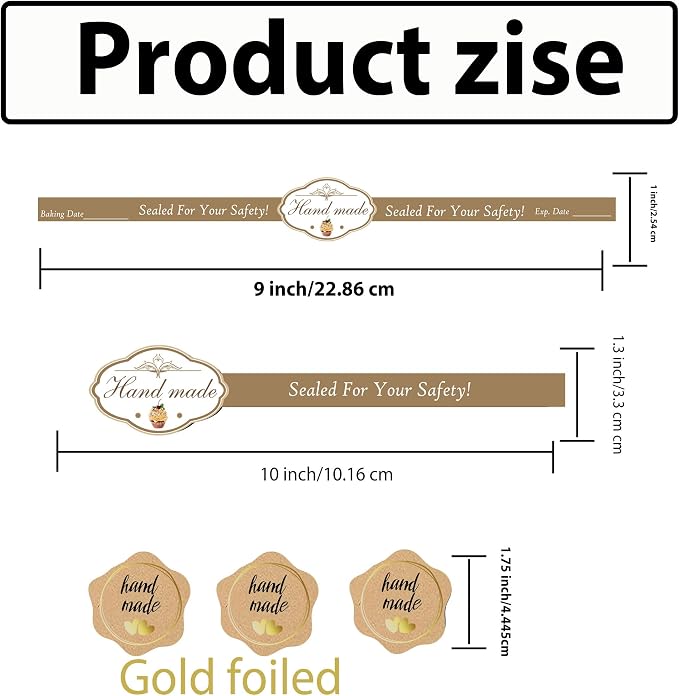 80Pcs Tamper Evident Food Labels 9x1 Baking Stickers for Cake Packaging | 9x1in seal strips and 1.75in handmade stickers, secure tamper-proof design for cake, dessert and handmade food box packaging