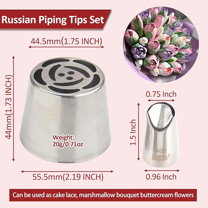 Extra Large Russian Piping Tip Set - 10 Stainless Steel Marshmallow Buttercream Framing Nozzles for Roses Tulip Cake Decorations and Bouquets, Includes 1 Leaf Nozzles and 1 Cleaning Brush(10B)
