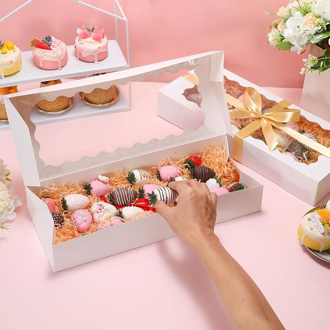 24 Pack Bakery Boxes with Window, 16x6.5x2.5 Inch Auto-Popup Cookie Box with Ribbon and Sticks, Long Treat Boxes for Cookies for Strawberries, Champagne, Cake Pops, Donuts
