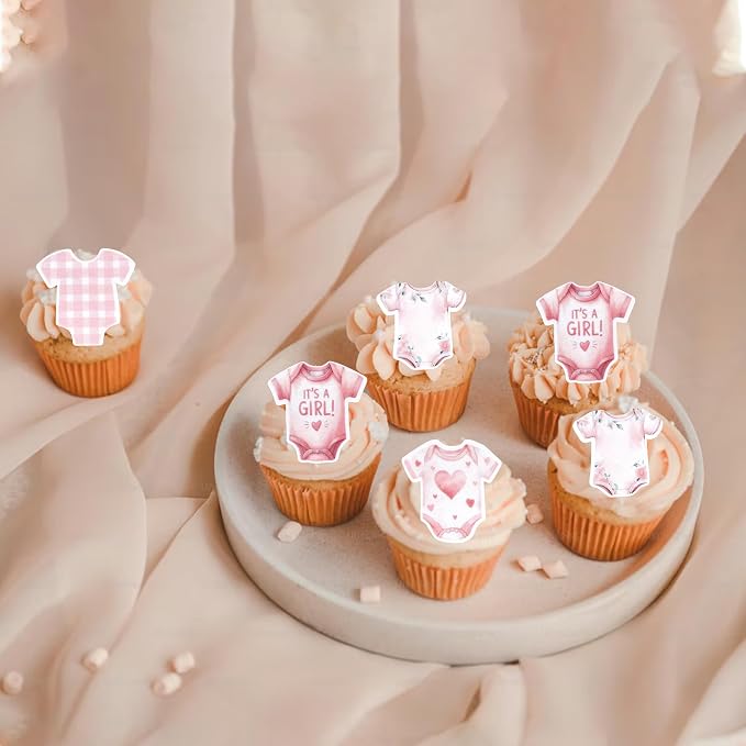 60 PCS Edible Bodysuit Cupcake Toppers Wafer Paper Baby Girl Cupcake Picks Edible It's a Girl Gingham Theme Party Decorations for Girls Birthday Gender Reveal Baby Shower Party Cake Decorations