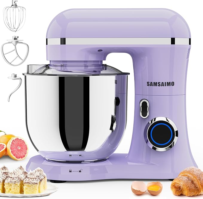 SAMSAIMO 3-IN-1 Electric Stand Mixer, 10-Speed With Pulse Button, Attachments include 6.5QT Bowl, Dough Hook, Beater, Whisk for Most Home Cooks (Purple)