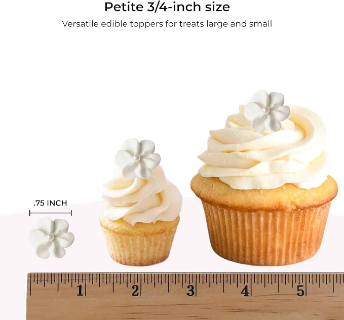 Mini Edible Royal Icing Flowers (72 Count), Petite Edible Flower Cake Decorations, Edible Flowers for Cupcakes, Flowers with Pearl Sprinkles for Cakes & Cupcakes, by Global Sugar Art (White, 72 Count)