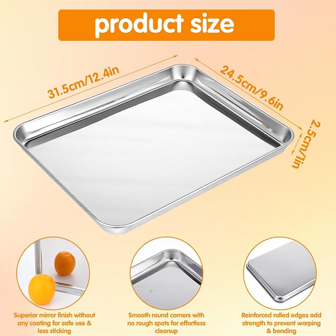 2 Pcs Baking Sheet 12.5" x 10" Stainless Steel Quarter Sheet Pan Set | Toaster Oven Pans for Baking, Metal Cookie Tray, Cookie Sheets Baking Pans, Nonstick for Cooking Toasting Dishwasher Safe