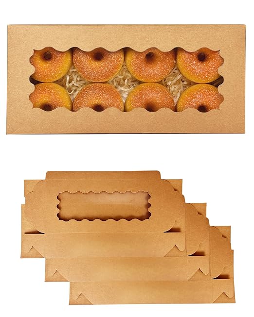 qiqee 12x5.5x2.5 Inch Brown Cookie Box with Window 15Pcs Pastry Macaron Bakery Box For Packaging