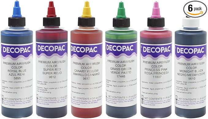 DECOPAC Premium Airbrush Color Multipack, Super Red, Royal Blue, Canary Yellow, Grass Green, Princess Pink and Midnight Black - 8 oz each (Pack of 6, 48oz)