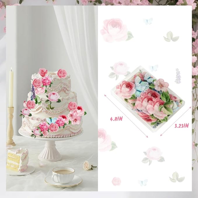 100Pcs Edible Flowers Cake Decorations - Wafer Paper Edible Flowers & Butterflies & Leaves Cupcake Toppers, Flower Cupcake Toppers for Wedding Birthday Baby Shower Party Cake Decorating