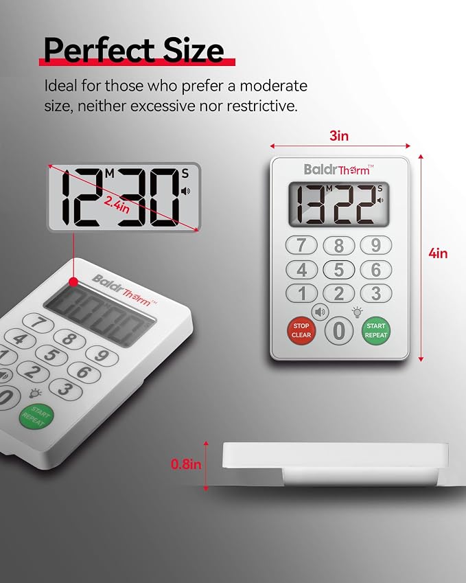 BaldrTherm Digital Kitchen Timer Waterproof, Strong Magnetic Cooking Timer with 3 Adjustable Volume Levels & Silent Flashing Light, Countdown Timer for Cooking, Baking Shower, Classroom, White