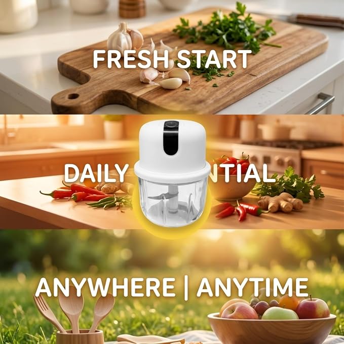 Mini Electric Garlic Chopper, 350ML Glass Bowl Food Processor, USB Rechargeable/Battery Operated Mincer with 3 Stainless Steel Blades for Garlic, Ginger, Chili, Nuts, White