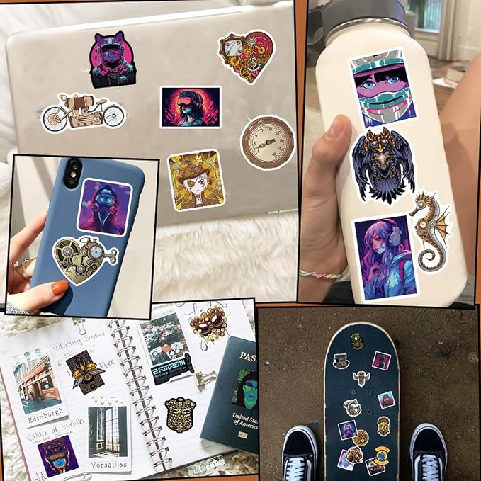 120 Pcs Steampunk and Cyberpunk Stickers for Water Bottles, Waterproof Vinyl Vintage Stickers for Scrapbook Laptops, Punk Decorative Decals for Boys Adults Teens