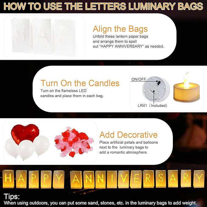 Happy Anniversary Light Up Letters, Rose Petals LED Tea Lights Candles Latex Foil Balloons, Paper Luminary Bags for Her Him Proposal Anniversary Valentines' Day Decorations
