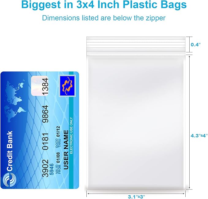 100 Pcs Plastic Bags, 3 x 4 inch Jewelry clear plastic bags, Resealable Zipper, Transparent Small Baggies for Small Business, Storage, Candy