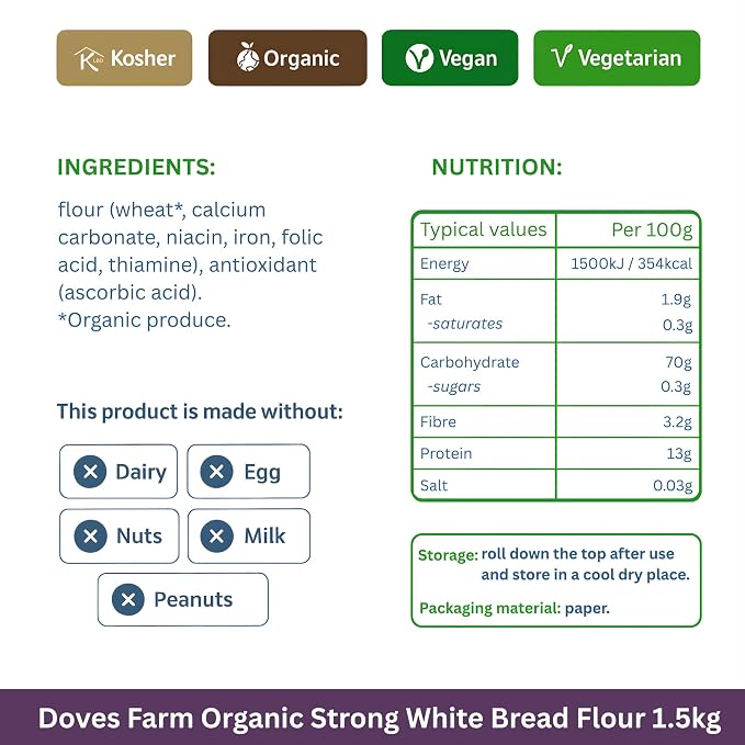 Doves Farm Organic Strong White Bread Flour 3.3 lb (1.5 kg) - High Protein British Baking Flour for Bread, Rolls and Sourdoughs | Kosher Certified & Vegan Friendly | Authentic UK Import