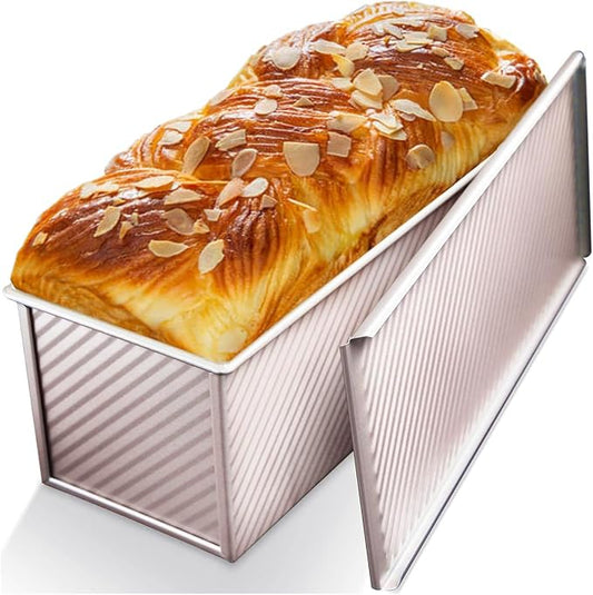 Pullman Loaf Pan with Lid Non-Stick Toast Mold Rectangle Corrugated Bread Cake Oblong Mould with Cover for Oven Baking (2.2Lb Dough Capacity)
