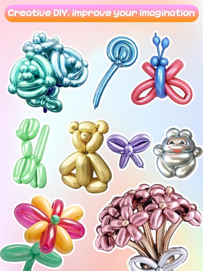 100 Pcs 260 Balloons Kit with Pump - Kids Premium Latex Twisting Long Balloons to Make Animals Flowers, Metallic Assorted Balloons for Party Boys Girls Birthday Gifts Clowns Wedding Decor