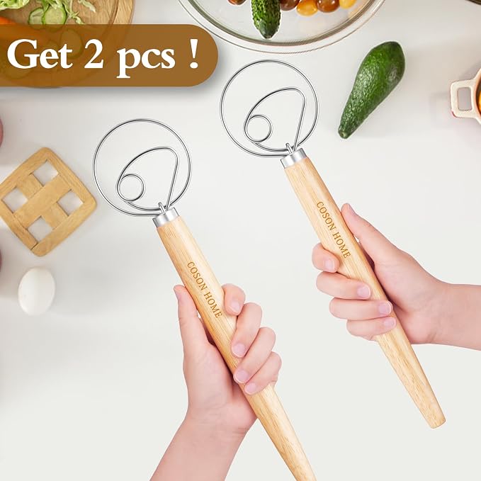 Pack of 2 Danish Dough Whisk, 13.5 Inch Stainless Steel Dough Blender for Sourdough Bread & Pastry, Wooden Handle Baking Mixing Tool for Batter, Pancake, Pizza – Easy to Clean