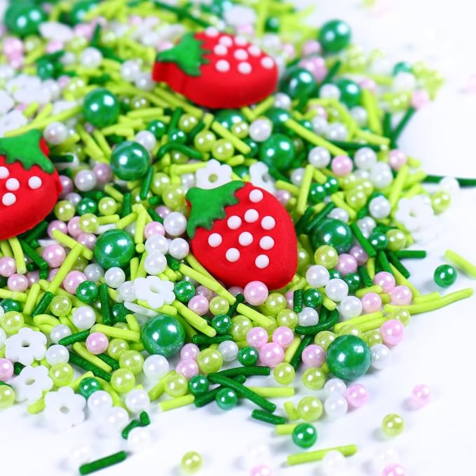 Edible Strawberry Cake Decorations, Spring Sprinkles, Edible Pearls, Jimmies Green Sprinkle, Perfect for Weddings, Parties, Spring Theme with 4 Strawberries (3.5oz/100g)