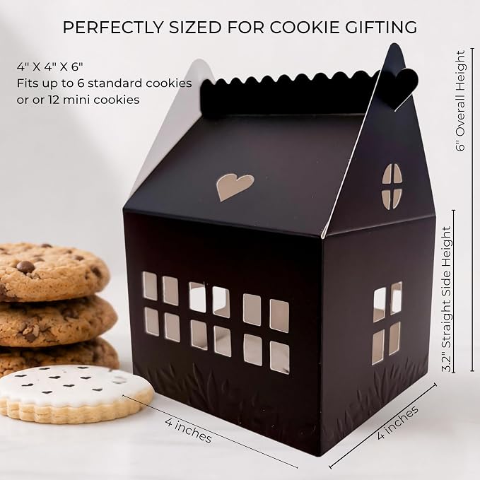 30 Pcs Cottage House Cookie Boxes with Window & Business Card Holder, Black, 4 x 4 x 6 in Bakery Gift Boxes for Treats, Desserts, Party Favors & Realtor Pop By Gifts