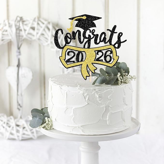 1 Pack Congrats Grad Cake Topper with Black Gold Glitter Diploma Graduation Cap Cake Pick Contrats Class of 2024 Cake Decorations for 2024 Graduation Theme High School Boys Girls Graduate Party