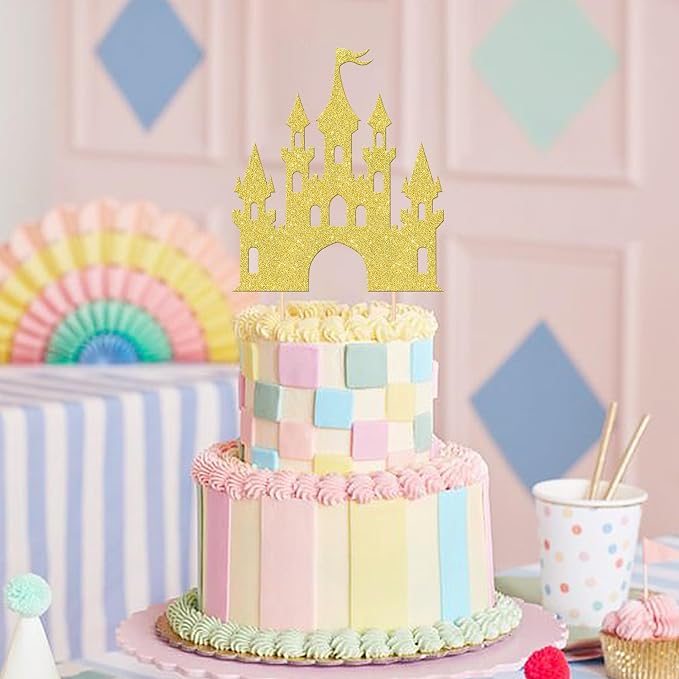1 PCS Castle Cake Topper Glitter Princess Cake Topper Castle Theme Birthday Party Decorations Queen Castle Cake Pick for Princess Prince Birthday Baby Shower Party Cake Decorations Supplies Gold