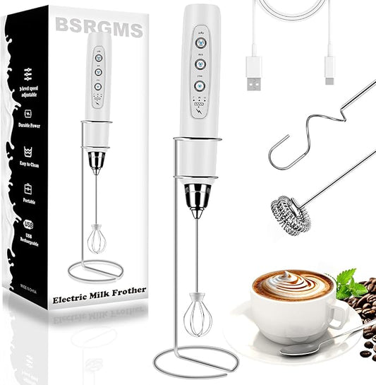 BSRGMS Milk Frother Handheld with Stand, Electric Whisk 3 Speed Adjustable, Drink Mixer with Stainless 3 Whisk, Rechargeable Hand Frother Wand, Foam Maker for Latte Cappuccino Hot Chocolate Egg White