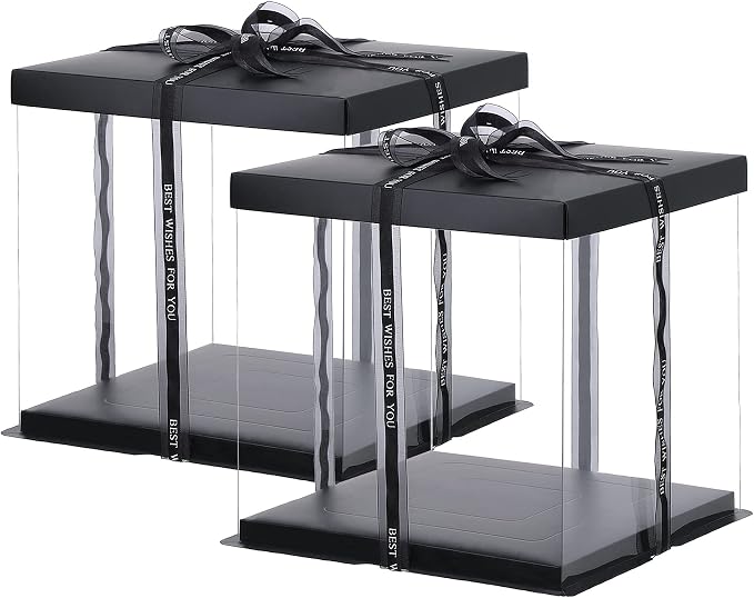 XININSUN 2Pcs Large Cake PET Clear Box, 10" X 10" X 9" with ribbon and pre-folded lid, for 8" cake packing carry, baking cookie display, Carry Tall Layer Gift, Festive Gift Box -Black