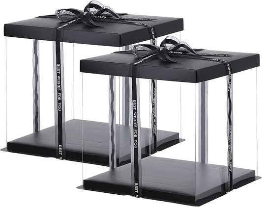XININSUN 2Pcs Large Cake PET Clear Box, 10" X 10" X 9" with ribbon and pre-folded lid, for 8" cake packing carry, baking cookie display, Carry Tall Layer Gift, Festive Gift Box -Black