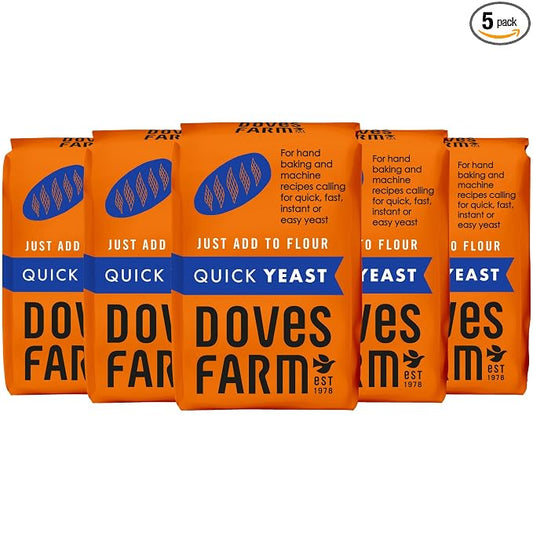 Doves Farm Quick Yeast 4.41 oz (Pack of 5) - Fast Acting Gluten Free Yeast for Baking Bread, Pizza Dough, Rolls | For Hand Baking and Bread Machine | Quick, Fast, Instant, Rapid Rise Leavening Agent