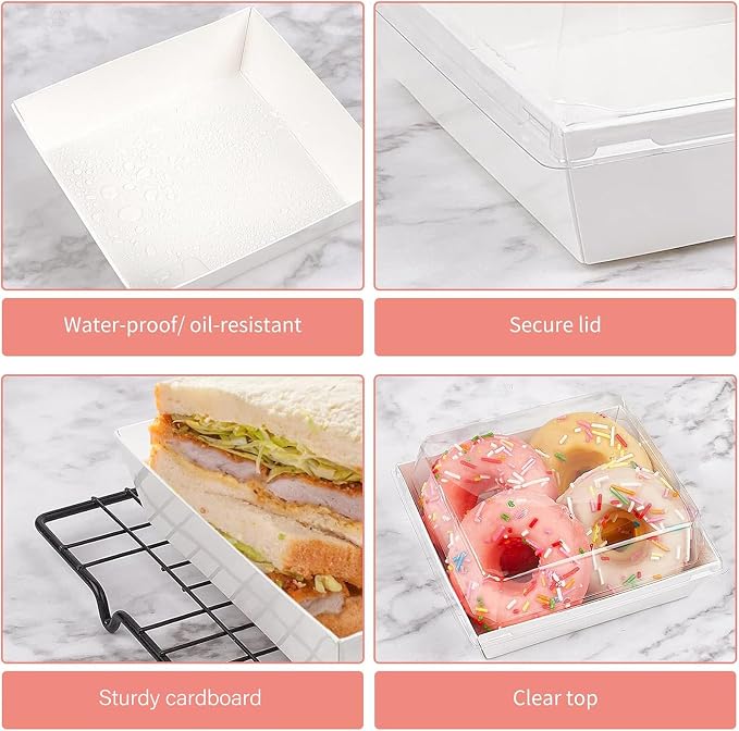 Ocmoiy Small Charcuterie Boxes with Clear Lids, To Go Paper Disposable Food Containers, 5 Inches Bakery Dessert Boxes for Sandwich, Cookie, Pastry, Cake Slice (White, 100ct)