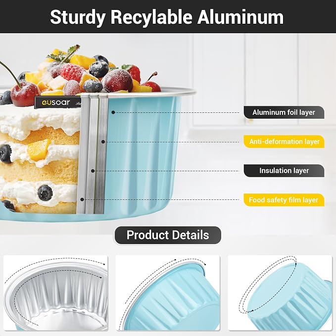 EUSOAR Aluminum Cups with Lids, 50pcs 5oz 125ml Foil Cupcake Baking Cups Oven Safe Ramekins, Muffin Liners Creme Brulee Containers Disposable Ramekins Pans Cupcake Holders
