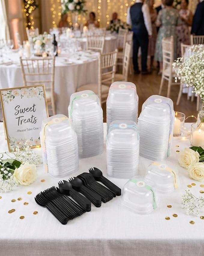 Plastic Mini Cupcake Container, 100 Pack Clear Plastic Mini Cake Box Individual Cupcake Containers, Cup Cake Holders With Lid For Wedding Birthday Party Gifts Supplies (Four-piece pack:)