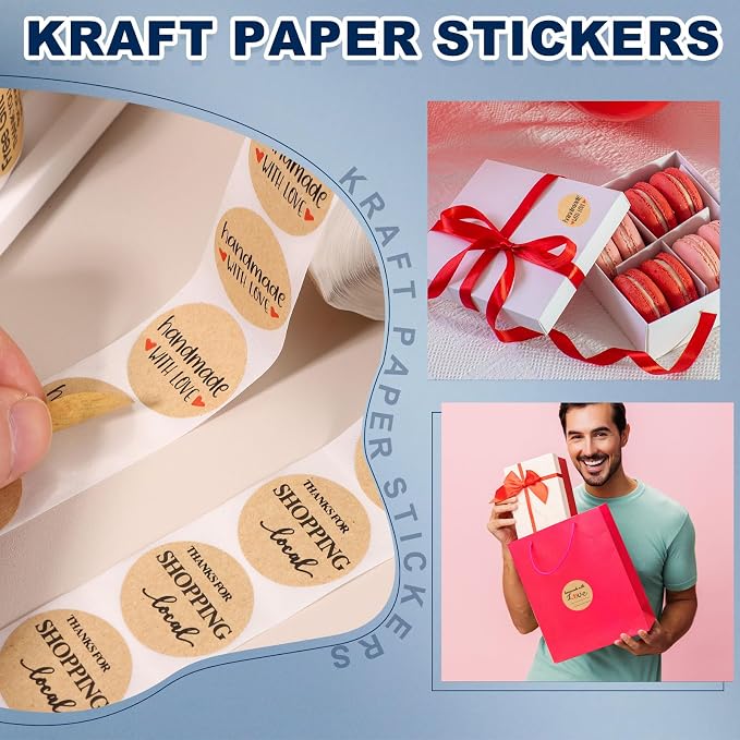 PATIKIL 500 Pcs A06 Hand Made Stickers,1 Inch Thank You Stickers Kraft Paper Labels Customer Appreciation Adhesive Sticker Roll Cute for Small Business Packaging Envelope