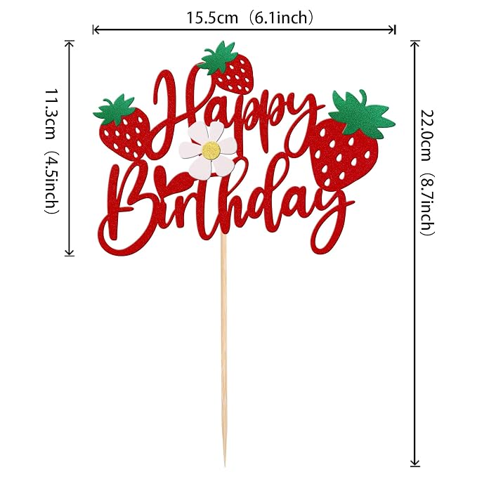 1 PCS Strawberry Happy Birthday Cake Topper with Glitter Flower Fruit Theme Birthday Berrry Cake Pick Decorations for Strawberry Theme Baby Shower Kids Birthday Party Cake Decorations Supplies